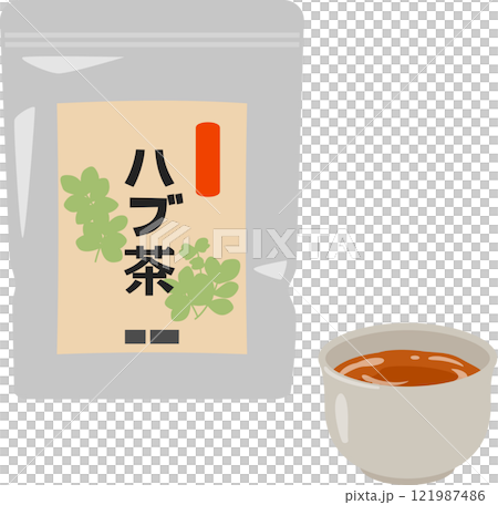 一袋市售的哈布茶和茶杯裡的茶 121987486