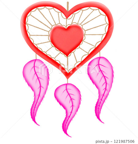 Heart-shaped dreamcatcher adorned with feathers, perfect for Valentine's Day decor. 121987506