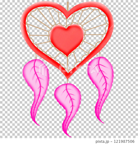 Heart-shaped dreamcatcher adorned with feathers, perfect for Valentine's Day decor. 121987506