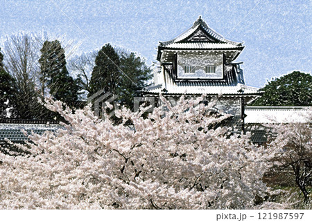 桜に包まれる金沢城址 121987597