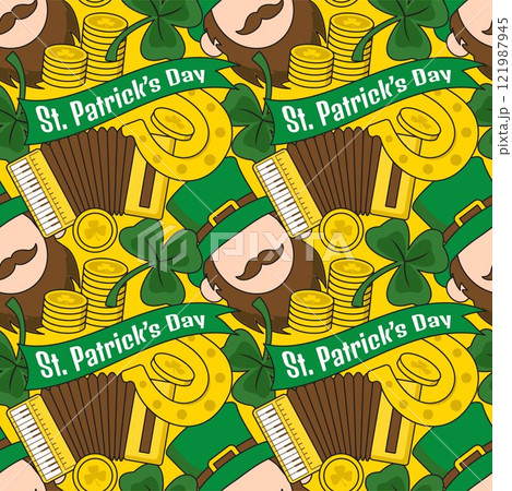 Saint Patrick's Day Seamless Pattern Design Featuring Hand Drawn Decorative Elements in a Cartoon Flat Style Illustration 121987945