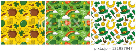 Saint Patrick's Day Seamless Pattern Design Featuring Hand Drawn Decorative Elements in a Cartoon Flat Style Illustration 121987947