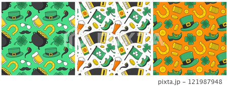 Saint Patrick's Day Seamless Pattern Design Featuring Hand Drawn Decorative Elements in a Cartoon Flat Style Illustration Saint Patrick's Day Seamless Pattern Design Featuring Hand Drawn Decorative Elements in a Cartoon Flat Style Illustration 121987948