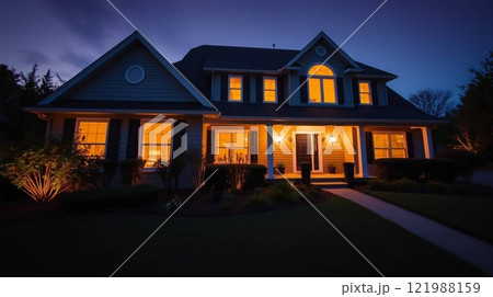 Beautiful Home Exterior at Dusk with Warm Interior Lighting and Lush Landscaping. 121988159