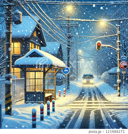 雪の降る静かな冬の夜 | 街の情緒あふれるバス停と家々の風景の