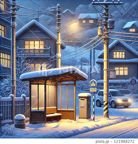 雪に包まれた冬の街角 | 温かみのあるバス停と家々の風景 121988272