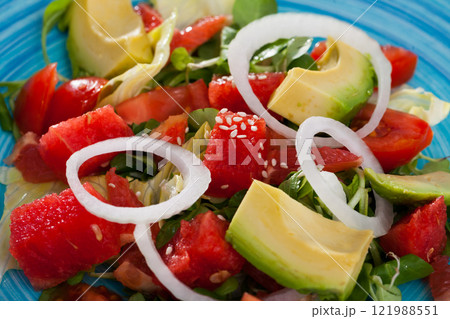 Salad with watermelon, avocado, grapefruit 121988551