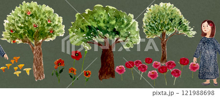 A girl in a garden trees, peony, mushrooms, seamless border on green background. Watercolor sketch illustrations great for tape, decor, stationary, tote bag, textile, notebook design, gardening design 121988698