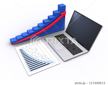 上昇する3Dグラフとビジネス資料とノートパソコン、ビジネスの成功イメージ 121989613