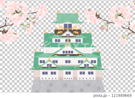 Cherry blossoms and Osaka Castle vector illustration 121989669