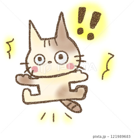 びっくりして飛び上がっている手書き風のシンプルなミケ猫 121989683