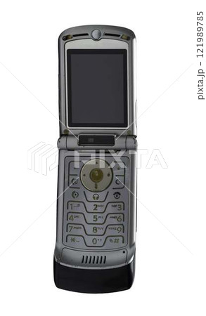 Retro mobile phone with a classic button design on a transparent background. The high resolution and transparent background make it perfect for use in advertising, illustrations, and design projects 121989785