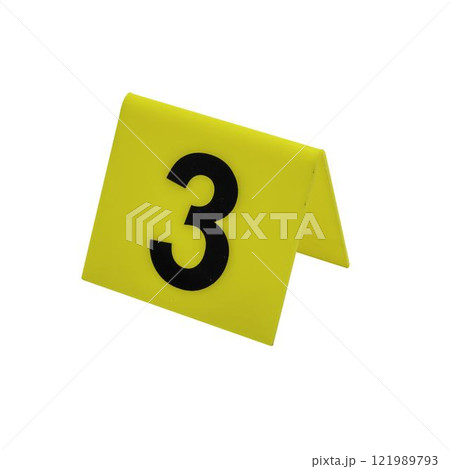 Crime scene investigation. Yellow marker number 3 for identification of evidence on transparent background. High quality photo 121989793