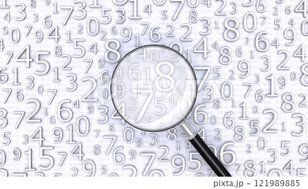 数字データを虫眼鏡で調べる、数字の背景と虫メガネ 数字データを虫眼鏡で調べる、数字の背景と虫メガネ 121989885