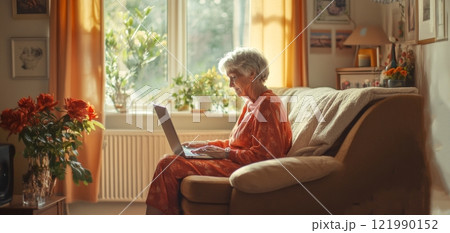 An elderly woman sits comfortably on a sofa using a laptop. Sunlight streams into the room, creating a cozy atmosphere. This image captures a moment of modern technology in daily life. AI 121990152