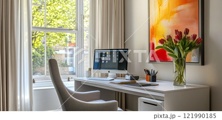 A bright and modern home office featuring a sleek white desk and cozy chair. Perfect for productivity or creative work. Enjoy natural light and elegant decor. AI 121990185