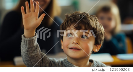 A young student eagerly raises his hand in a classroom setting. His bright smile shows enthusiasm for learning. This image captures the joy of education in a vibrant and engaging style. AI 121990208