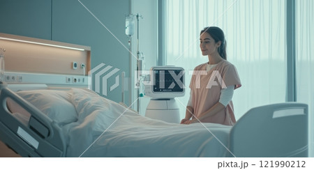 A woman stands by a hospital bed in a serene medical environment. Soft light creates a calming atmosphere. The scene captures a moment of reflection and care in healthcare settings. AI 121990212