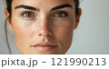A close-up portrait of a woman showcasing natural beauty. Soft lighting highlights her freckles and expressive eyes. Ideal for beauty, skincare, or portrait projects. AI 121990213