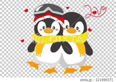 一隻可愛的企鵝的插圖，上面寫著「愛」這個詞 121990371