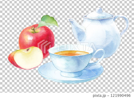 Image of apple tea. Watercolor illustration of apples and white tea set. Image of apple tea. Watercolor illustration of apples and white tea set. 121990496