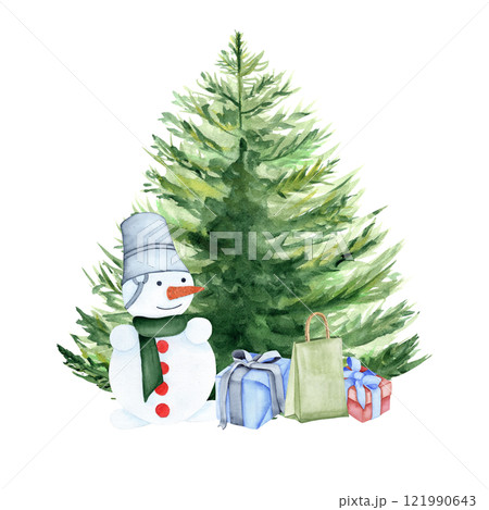 New Year illustration of a Christmas tree, gifts and a snowman. The picture is made with watercolors. For postcards, calendars, your design New Year illustration of a Christmas tree, gifts and a snowman. The picture is made with watercolors. For postcards, calendars, your design 121990643