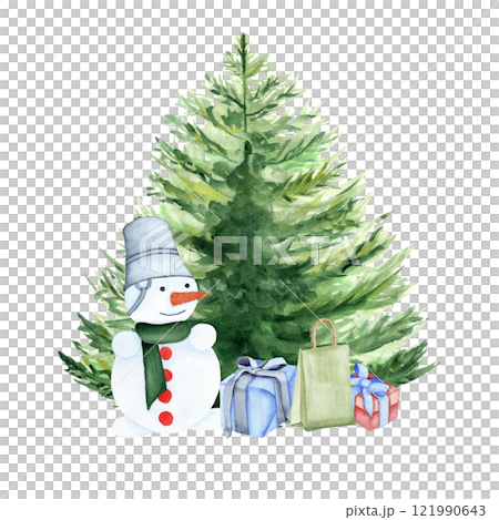 New Year illustration of a Christmas tree, gifts and a snowman. The picture is made with watercolors. For postcards, calendars, your design New Year illustration of a Christmas tree, gifts and a snowman. The picture is made with watercolors. For postcards, calendars, your design 121990643