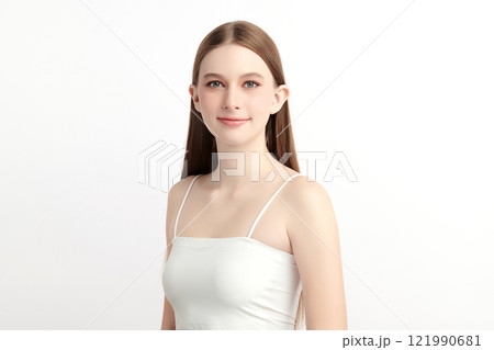 Beautiful young woman with clean fresh skin on white background, Face care, Facial treatment, Cosmetology, beauty and spa, women portrait. Beautiful young woman with clean fresh skin on white background, Face care, Facial treatment, Cosmetology, beauty and spa, women portrait. 121990681