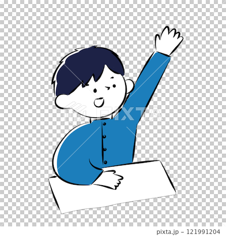 学ランを着た男子学生が笑顔で挙手をするシンプルな手描きイラスト 学ランを着た男子学生が笑顔で挙手をするシンプルな手描きイラスト 121991204