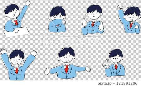 Illustration set of various poses of male students wearing blazers 121991206