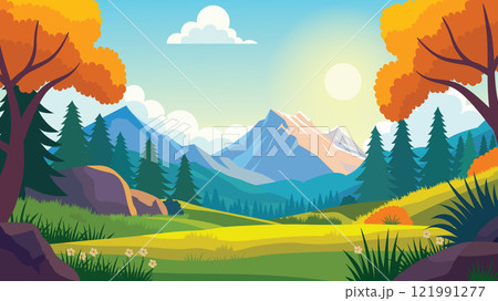 Mountain Nature View Landscape with Pine Trees in Forest and Sunlight in the Morning 121991277