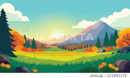 Mountain Nature View Landscape with Pine Trees in Forest and Sunlight in the Morning 121991278