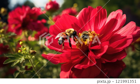 Bee on red peony. Generative AI 121991351