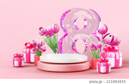 8 March congratulation or holiday sale promo podium with glass number eight, spring tulips, red gift boxes on pastel pink flower background 3d render. International Women Day banner. 3D illustration 8 March congratulation or holiday sale promo podium with glass number eight, spring tulips, red gift boxes on pastel pink flower background 3d render. International Women Day banner. 3D illustration 121991655