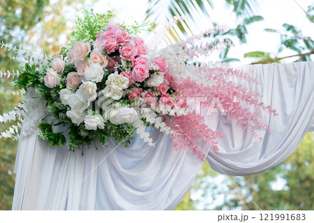 Beautiful pink and white flowers background for wedding ceremony decoration, Beautiful pink and white flowers background for wedding ceremony decoration, 121991683