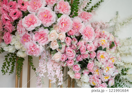 Beautiful pink and white flowers background for wedding ceremony decoration, Beautiful pink and white flowers background for wedding ceremony decoration, 121991684