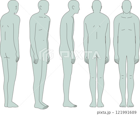 猫背の男性。前面、背面面、斜め面、前斜め後ろ面、全身のイラスト 猫背の男性。前面、背面面、斜め面、前斜め後ろ面、全身のイラスト 121991689