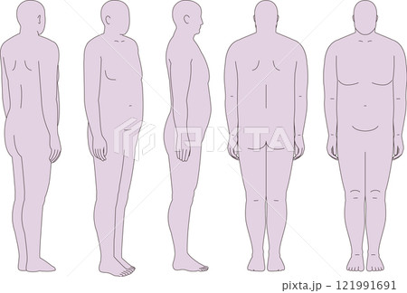 肥満の男性。前面、背面面、斜め面、前斜め後ろ面、全身のイラスト 121991691