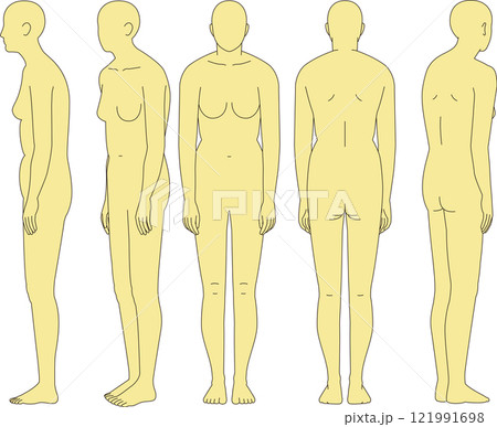 猫背の女性。前面、背面、斜め前、斜め後ろ、全身のイラスト 猫背の女性。前面、背面、斜め前、斜め後ろ、全身のイラスト 121991698
