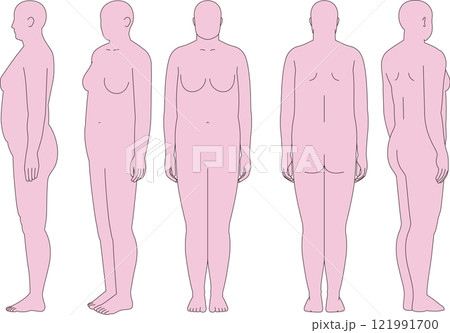 肥満の女性。前面、背面、斜め面、前斜め、斜め後ろ、全身のイラスト 121991700