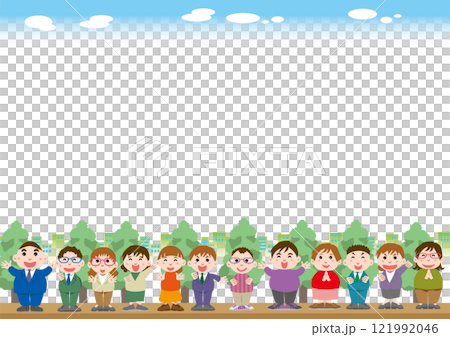 Background material <Frame of businessmen, fun, happy, male, female, horizontal position> Background material <Frame of businessmen, fun, happy, male, female, horizontal position> 121992046