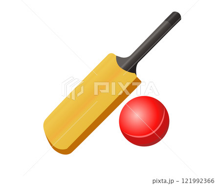 isolated brown cricket bat and red ball icon 121992366