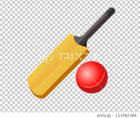 isolated brown cricket bat and red ball icon 121992366
