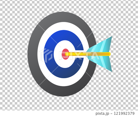 Red white dart board icon with dart hitting the center / bullseye region Red white dart board icon with dart hitting the center / bullseye region 121992379