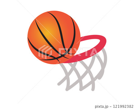 Gradient orange basketbal game ball icon with red ring and net 121992382