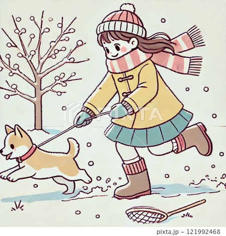 冬に犬の散歩をする女の子 冬に犬の散歩をする女の子 121992468