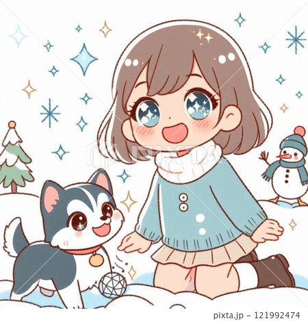 犬と一緒に雪遊びをする女の子 犬と一緒に雪遊びをする女の子 121992474
