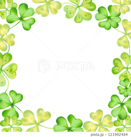 Square frame of shamrock, four leaf clover for St. Patrick's Day. Watercolor illustration. Hand drawn isolated art. Botanical background with space for text, copy space. Clover talisman for good luck. 121992484