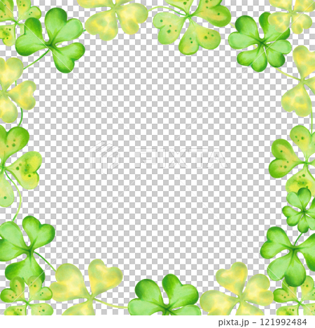 Square frame of shamrock, four leaf clover for St. Patrick's Day. Watercolor illustration. Hand drawn isolated art. Botanical background with space for text, copy space. Clover talisman for good luck. 121992484