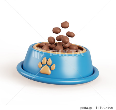 3d pet bowl with feed, full food plate for dog or cat. Blue plastic round dish with paw print and treat, accessory for domestic animal isolated on white background Cartoon render icon. 3D illustration 121992496